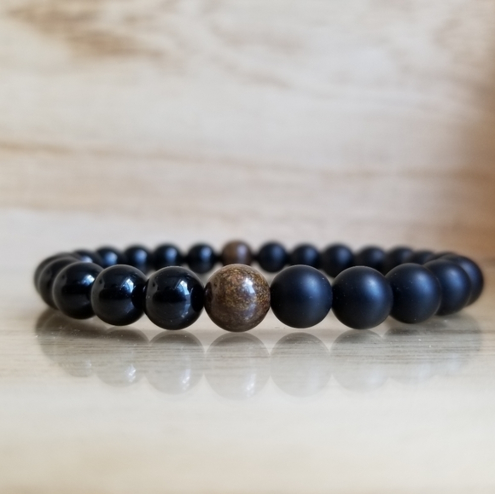 Bronzite & Black Onyx Beaded Stretch Bracelet
